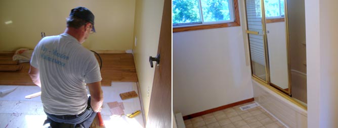 handyman installing hardwood floor and bathroom renovation